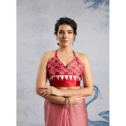 Women's Satin Crepe Printed Saree With Unstitched Blouse 5.5Mtr (Red) - Image 2