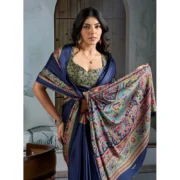 Women's Satin Crepe Printed Saree With Unstitched Blouse 5.5Mtr (Navy Blue) - Image 3