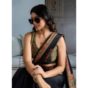 Women's Satin Crepe Printed Saree With Unstitched Blouse 5.5Mtr (Blue) - Image 3
