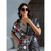 Women's Satin Crepe Printed Saree With Unstitched Blouse 5.5Mtr (Black) - Image 3
