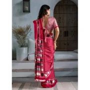Women's Satin Crepe Printed Saree With Unstitched Blouse 5.5Mtr (Red) - Image 4