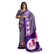 Women's Satin Crepe Printed Saree With Unstitched Blouse 5.5Mtr (Blue)