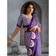 Women's Satin Crepe Printed Saree With Unstitched Blouse 5.5Mtr (Blue) - Image 3