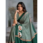 Women's Satin Crepe Printed Saree With Unstitched Blouse 5.5Mtr (Green) - Image 3