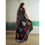 Women's Satin Crepe Printed Saree With Unstitched Blouse 5.5Mtr (Black) - Image 4