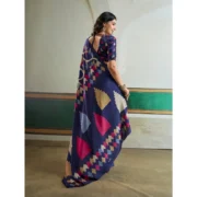 Women's Satin Crepe Printed Saree With Unstitched Blouse 5.5Mtr (Navy Blue) - Image 4