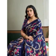 Women's Satin Crepe Printed Saree With Unstitched Blouse 5.5Mtr (Navy Blue) - Image 3