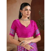 Women's Satin Crepe Printed Saree With Unstitched Blouse 5.5Mtr (Pink) - Image 2