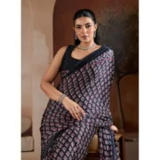 Women's Satin Crepe Printed Saree With Unstitched Blouse 5.5Mtr (Black) - Image 3