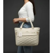 Women's PU Leather Solid Shoulder Zipper Handbag (Cream) - Image 2