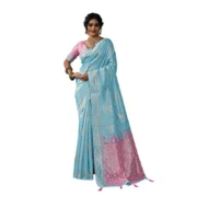 Generic Women's Linen Cotton Printed Saree With Unstitched Blouse 5.5Mtr (Sky Blue) - Image 5