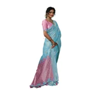 Generic Women's Linen Cotton Printed Saree With Unstitched Blouse 5.5Mtr (Sky Blue) - Image 3