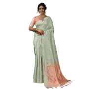 Generic Women's Linen Cotton Printed Saree With Unstitched Blouse 5.5Mtr (Pista Green) - Image 6