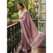 Generic Women's Linen Striped Saree With Unstitched Blouse 5.5Mtr (Magenta)