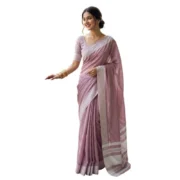 Generic Women's Linen Striped Saree With Unstitched Blouse 5.5Mtr (Magenta) - Image 3