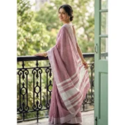 Generic Women's Linen Striped Saree With Unstitched Blouse 5.5Mtr (Magenta) - Image 2