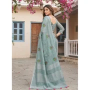Generic Women's Linen Embroidered Saree With Unstitched Blouse 5.5Mtr (Sea Green) - Image 5