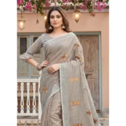 Generic Women's Linen Embroidered Saree With Unstitched Blouse 5.5Mtr (Light Beige)