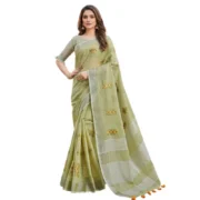 Generic Women's Linen Embroidered Saree With Unstitched Blouse 5.5Mtr (Light Green) - Image 6