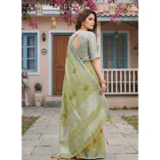 Generic Women's Linen Embroidered Saree With Unstitched Blouse 5.5Mtr (Light Green) - Image 5