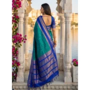 Generic Women's Silk Blend Printed Saree With Unstitched Blouse 5.5Mtr (Teal-Blue) - Image 3