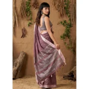 Generic Women's Linen Cotton Printed Saree With Unstitched Blouse 5.5Mtr (Purple) - Image 2