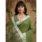 Generic Women's Linen Cotton Printed Saree With Unstitched Blouse 5.5Mtr (Green)