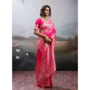 Generic Women's Silk Blend Printed Saree With Unstitched Blouse 5.5Mtr (Pink) - Image 5