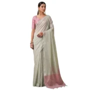 Generic Women's Tissue Silk Solid Saree With Unstitched Blouse 5.5Mtr (Silver) - Image 3