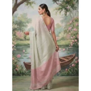 Generic Women's Tissue Silk Solid Saree With Unstitched Blouse 5.5Mtr (Silver) - Image 2