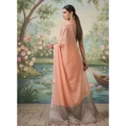 Generic Women's Tissue Silk Solid Saree With Unstitched Blouse 5.5Mtr (Peach) - Image 2