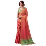 Generic Women's Tissue Silk Solid Saree With Unstitched Blouse 5.5Mtr (Peach) - Image 3
