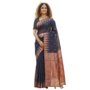 Generic Women's Linen Cotton Printed Saree With Unstitched Blouse 5.5Mtr (Navy Blue) - Image 3