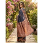 Generic Women's Linen Cotton Printed Saree With Unstitched Blouse 5.5Mtr (Navy Blue) - Image 2