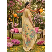 Generic Women's Linen Cotton Floral Embroidered Saree With Unstitched Blouse 5.5Mtr (Yellow) - Image 2