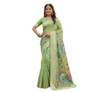Generic Women's Linen Cotton Floral Embroidered Saree With Unstitched Blouse 5.5Mtr (Light Green) - Image 3