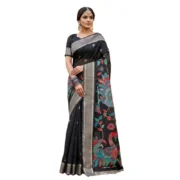 Generic Women's Linen Cotton Floral Embroidered Saree With Unstitched Blouse 5.5Mtr (Black) - Image 3