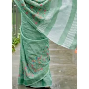 Generic Women's Linen Floral Embroidered Saree With Unstitched Blouse 5.5Mtr (Sea Green) - Image 2