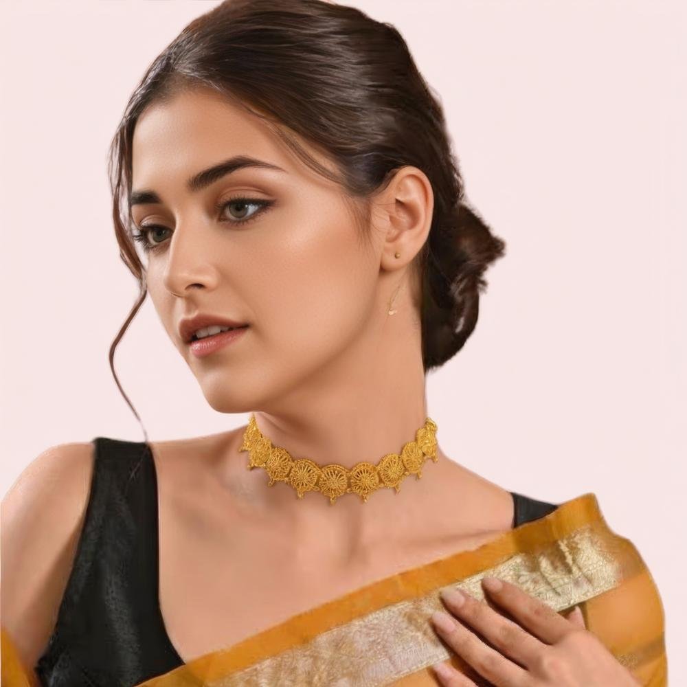 ammI1dph0dgATQ2hSpzZwiXESktuGHANtxzS5pyp.jpg Antique Lotus Bloom Gold-Plated Choker Necklace - Image 1