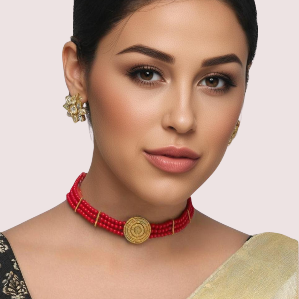 e8wxFRDSqLg7an0B4LZbW5Rwyh1ftNQLetxibPPw.png Bold Elegance Red Beaded Necklace with Ornate Gold Medallion - Image 1