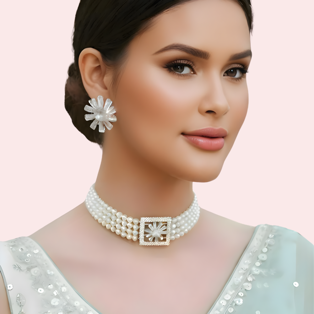 sGe64LCVFmoizgmGO7cN30sAbwo4HqYcSCK6sVkh.png Ivory Pearl Choker Necklace & Floral Statement Earrings Set - Image 1