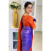 Women's Soft Lichi Silk Printed Saree With Unstitched Blouse 5.5Mtr (Blue) - Image 2