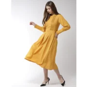 Generic Women's Polyester Pintuck Long Sleeves Below Knee Dress (Yellow) - Image 6