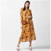 Generic Women's Polyester Floral Long Sleeves Calf-length Dress (Yellow) - Image 5