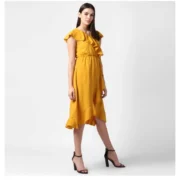 Generic Women's Polyester Ruffled Cap Sleeve Knee-Length Dress (Yellow) - Image 3