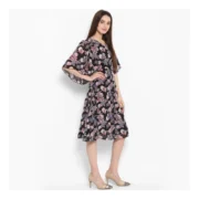 Generic Women's Polyester Floral Short Sleeve Knee-Length Dress (Black - Multicolor) - Image 4