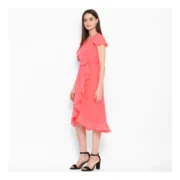 Generic Women's Polyester Ruffled Cap Sleeve Below Knee Dress (Coral Pink) - Image 3