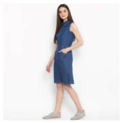 Generic Women's Denim Solid Sleeveless Above Knee Dress (Blue) - Image 3