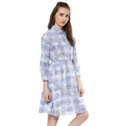 Generic Women's Cotton Checkered Roll Up Sleeve Above Knee Dress (Blue) - Image 4