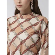 Generic Women's Polyester Checkered Long Sleeves Above Knee Dress (Off White - Brown) - Image 2